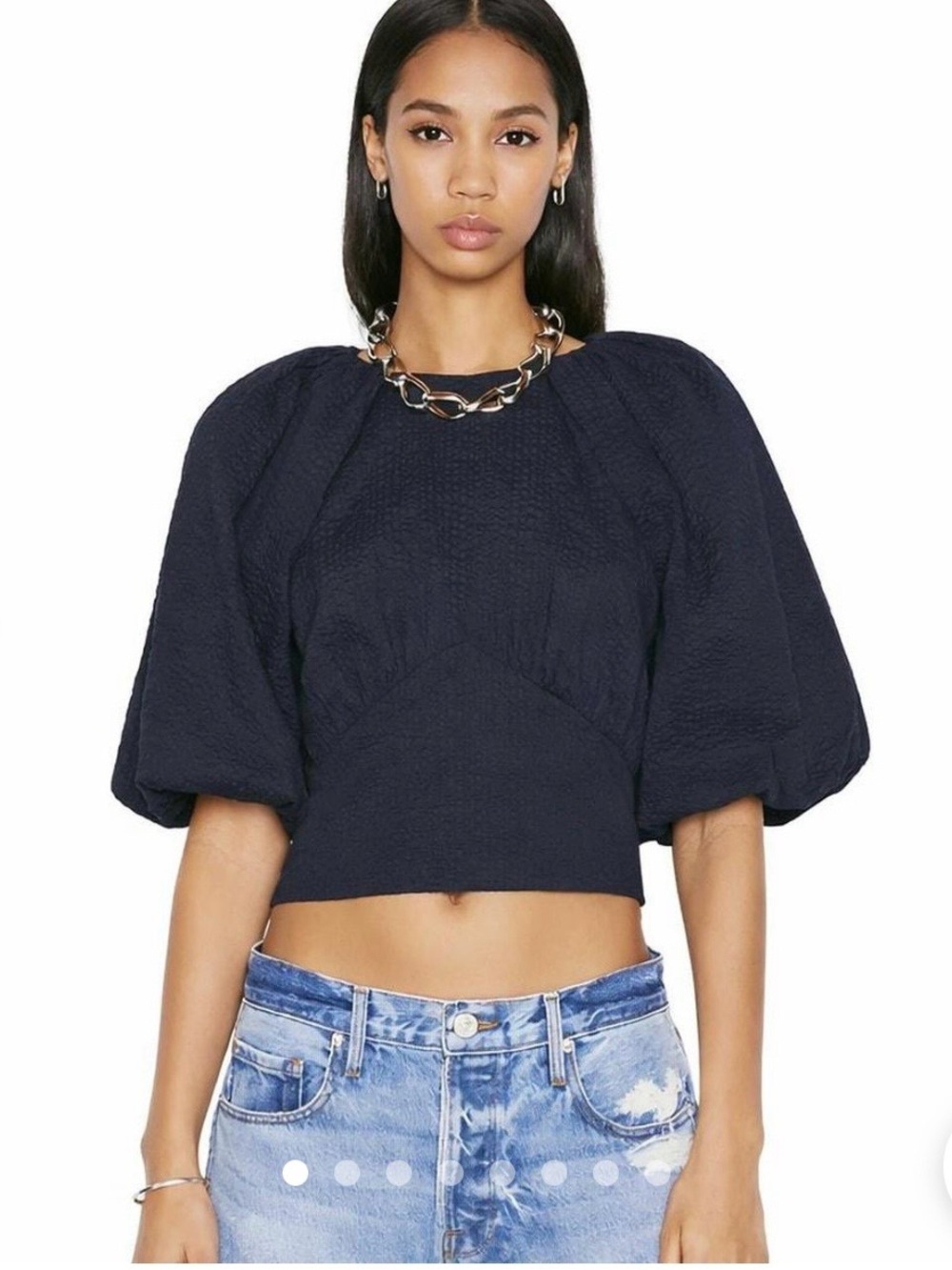 Frame Denim Navy Textured Puff-Sleeve Crop Top